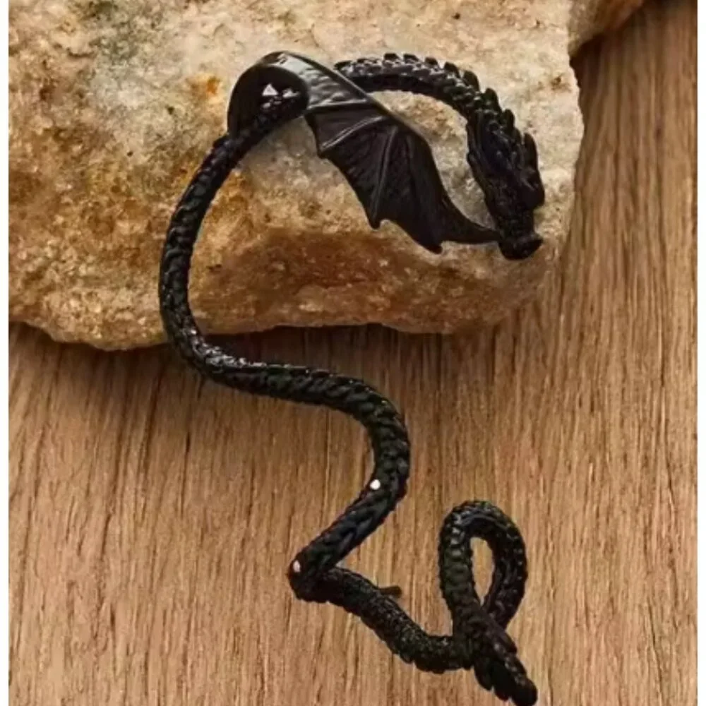 Gothic Dragon Wrap Earrings Black Stud Fantasy Wing Serpent Jewelry Women
